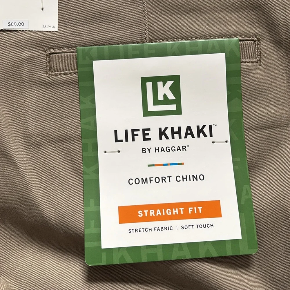 Haggar Men's Life Khaki Comfort Chino Flat Front Pant, Medium Khaki, 33x30